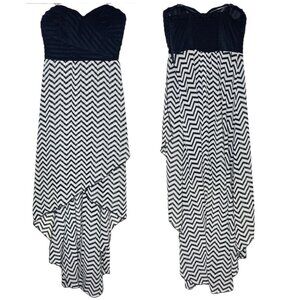 Guess Y2K Small Black White Strapless Sweetheart Flowy Chevron High Low Dress
